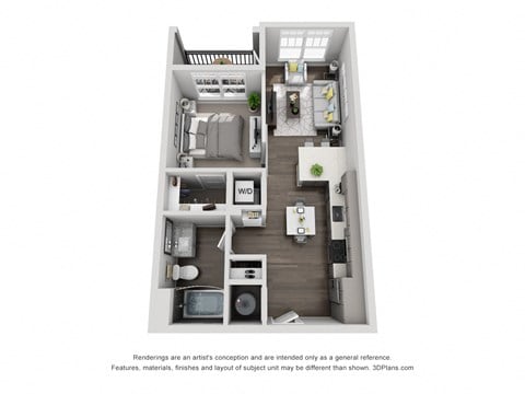 Floor plan for studio, 1 bath, 606 sqft